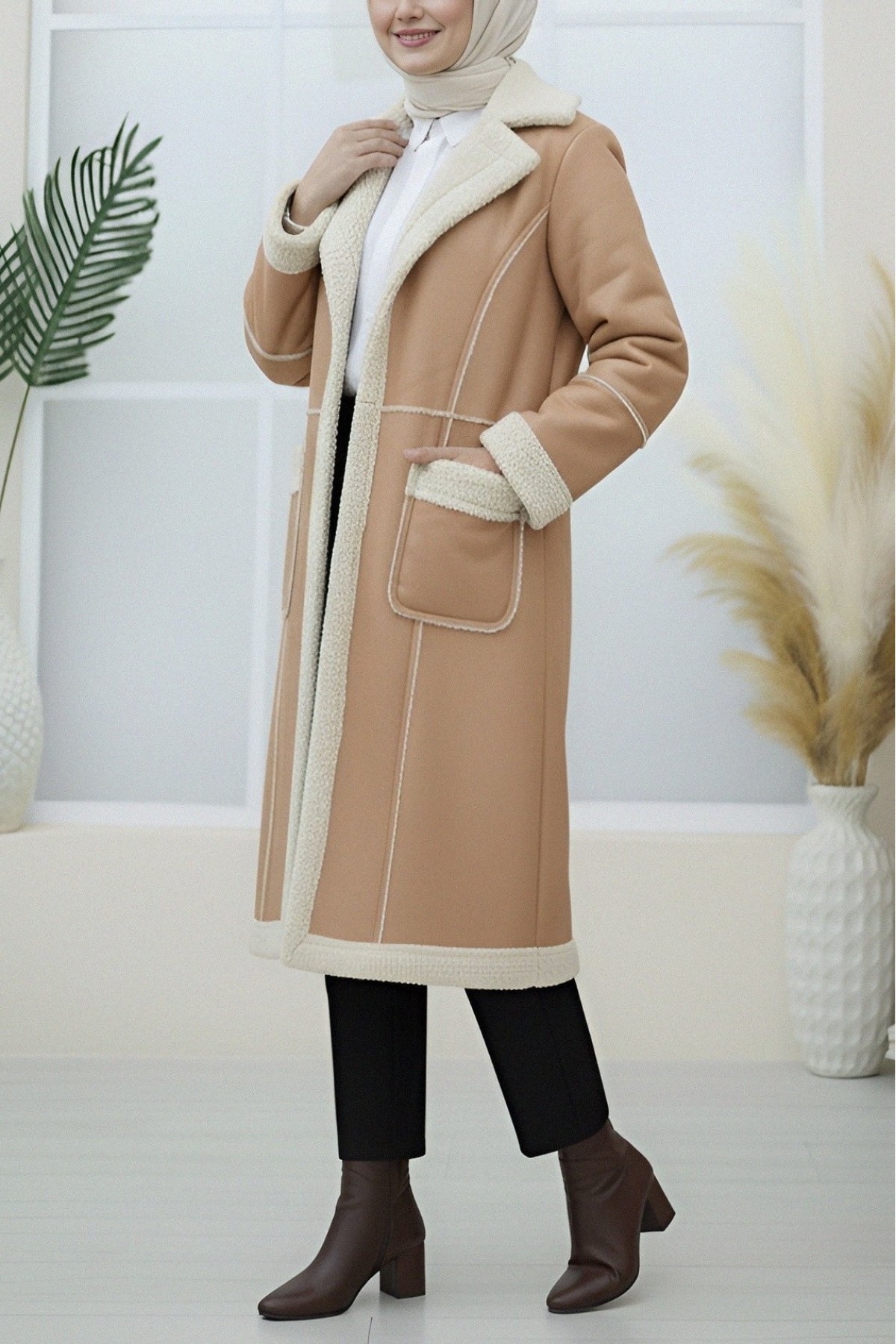 Leather Jacket with Plush Inside and Snap Pockets -Mink color