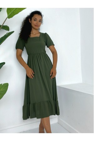 Square Collar Elastic Waist Short Sleeve Ayrobin Dress -Khaki