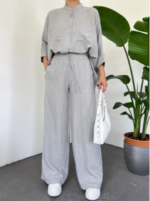 Çift Cepli Yarım Yarasa Kol Salaş Gömlek Takım -Gri