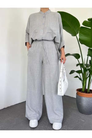 Çift Cepli Yarım Yarasa Kol Salaş Gömlek Takım -Gri