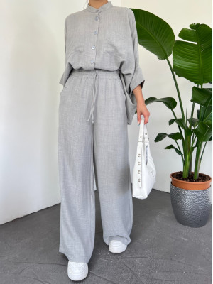 Çift Cepli Yarım Yarasa Kol Salaş Gömlek Takım -Gri