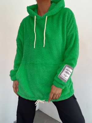 Kanguru Cepli Kapşonlu Bağcıklı Peluş Sweat -Yeşil