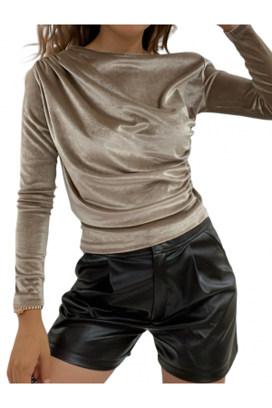 Yanı Büzgülü Omuzu Pileli Kadife Bluz -Vizon