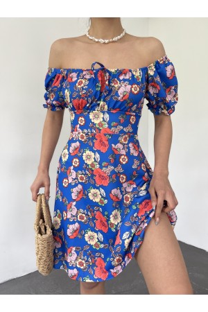 Yakası Lastikli Bağcık Detaylı Mini Elbise -Saks