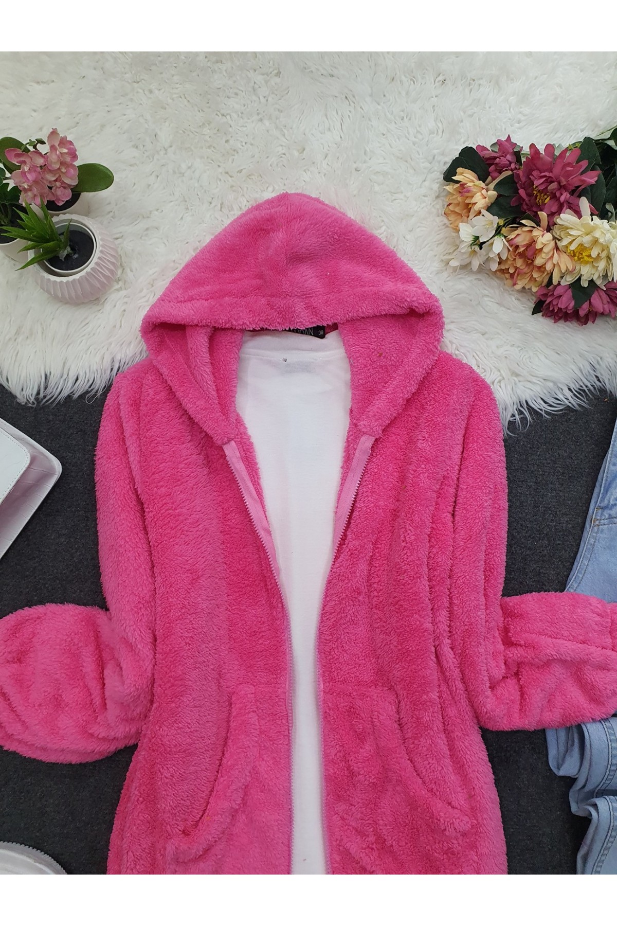 Kapşonlu Fermuarlı Kışlık Peluş Mont  -Fuşya