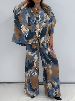 Batik Baskılı Mikro Simli Salaş Takım -Petrol