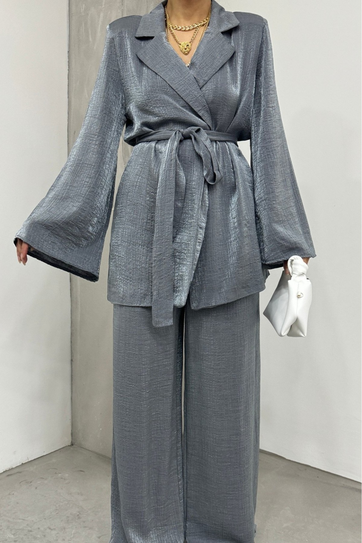 Top Buttoned Trouser Jacket Jersey Set -Anthracite