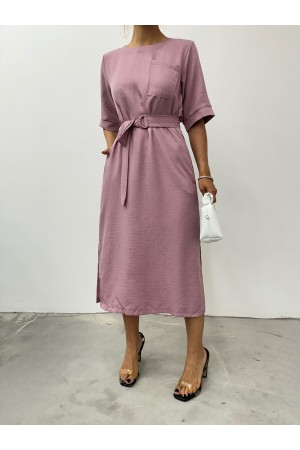 فستان متوسط ​​الطول بأكمام قصيرة وجيوب جانبية وفتحات -بودرة