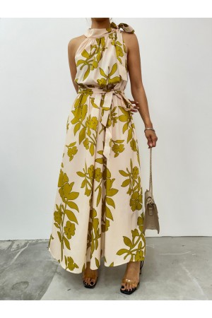 فستان طويل بياقة مربوطة وحزام مع جيوب -اللون البيج
