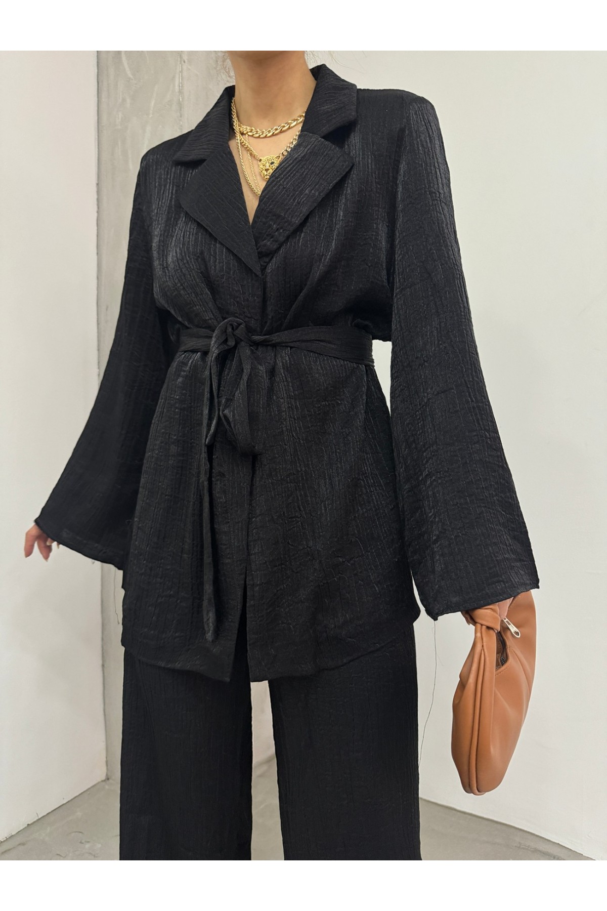 Top Buttoned Trouser Jacket Jersey Set -Black
