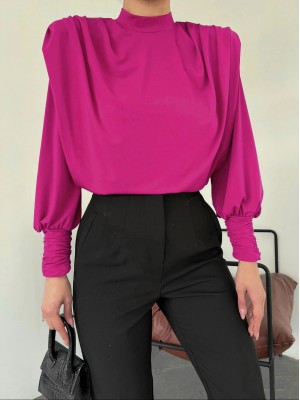 Omuzları Vatkalı Kolu Büzgülü Bluz   -Pembe