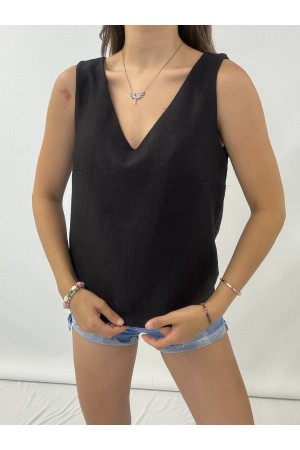 V Yaka Sıfır Kol  Keten Bluz   -Siyah