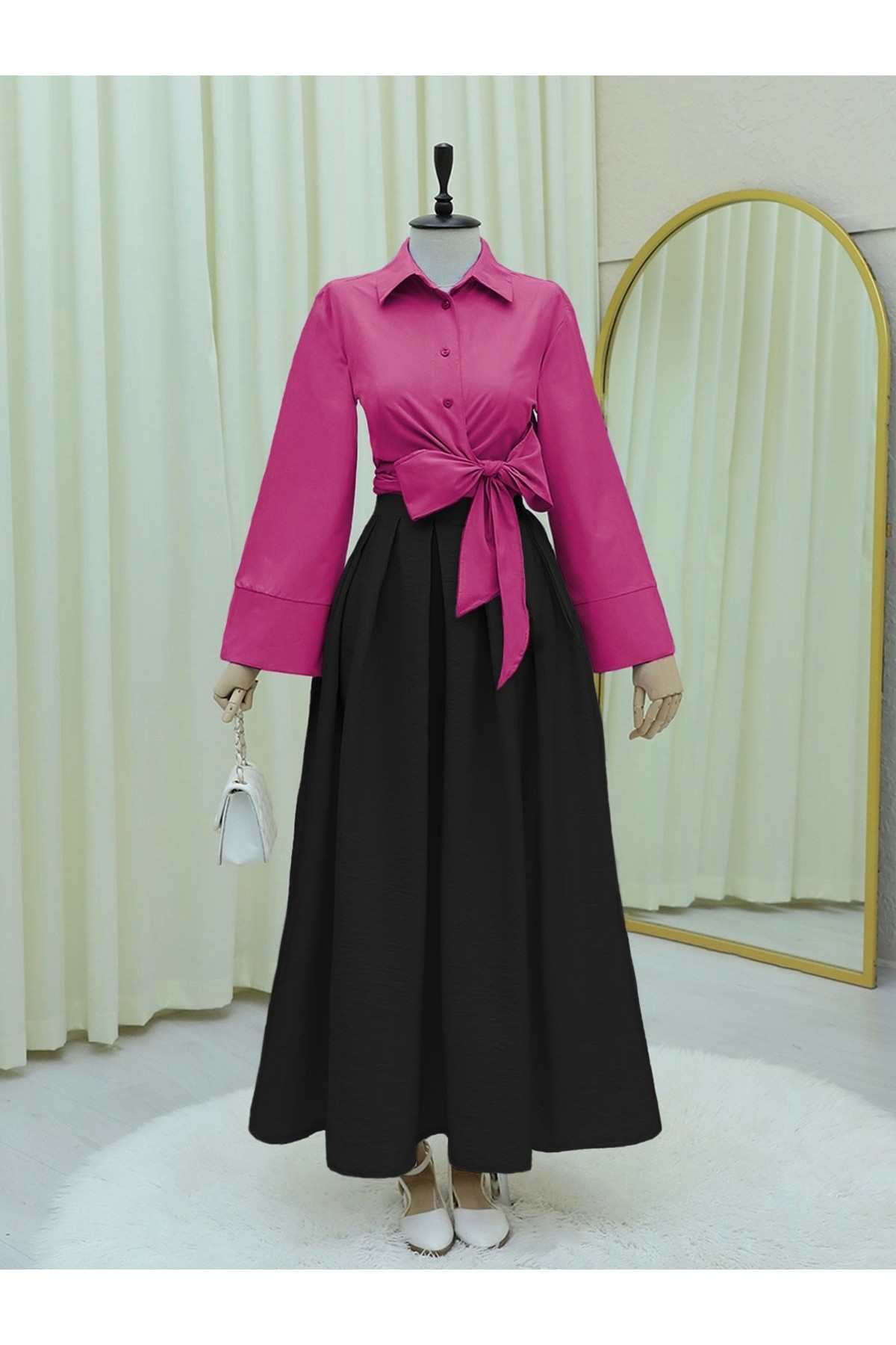 Side Tie Spanish Cufflink Shirt -Fuchsia
