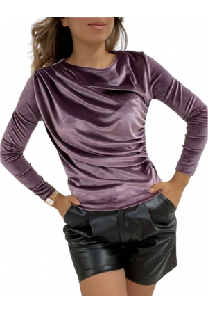 Yanı Büzgülü Omuzu Pileli Kadife Bluz -Mürdüm