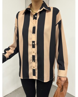 Thick Striped Button-Up Shirt -Mink color