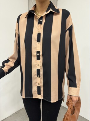 Kalın Çizgili Düğmeli Gömlek -Vizon