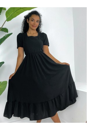 Square Collar Elastic Waist Short Sleeve Ayrobin Dress -Black