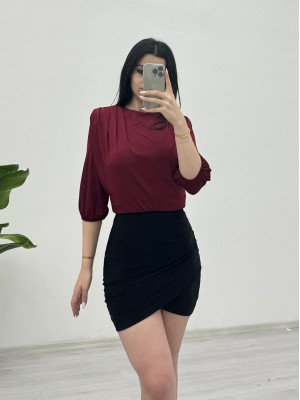 İçi Tulumlu Omuzdan Büzgülü Vatkalı Sendy Bluz -Bordo