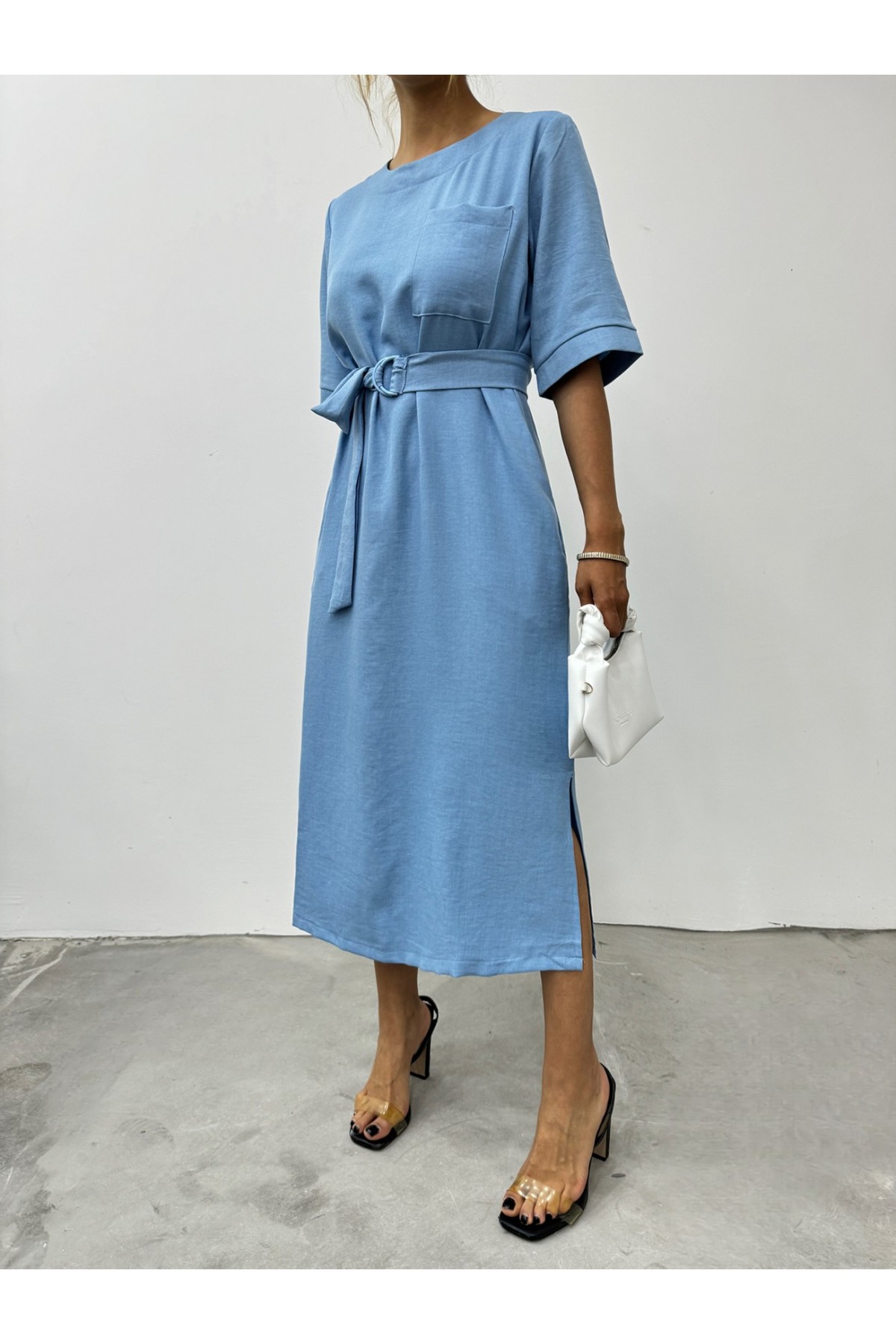 Midi Length Short Sleeve Dress with Side Pockets and Slits -Blue