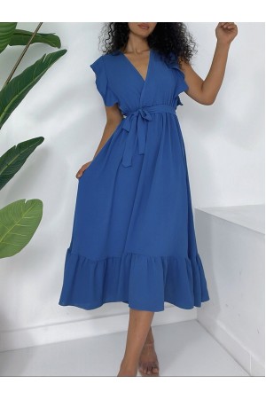 فستان أيروبين برباط وأكتاف مكشكشة بخصر صفر كم -أزرق غامق