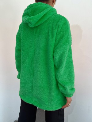 Kanguru Cepli Kapşonlu Bağcıklı Peluş Sweat -Yeşil