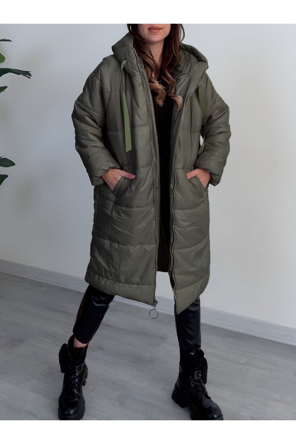 Hooded Lace Detail Zippered Puffer Jacket -Khaki