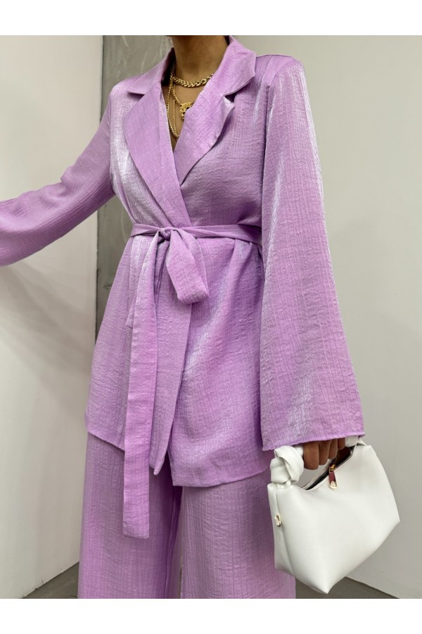 Top Buttoned Trouser Jacket Jersey Set -Lilac