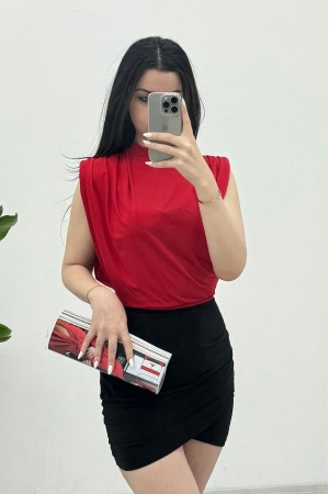 Sıfır Kol Vatkalı Sandy Bluz -Kırmızı