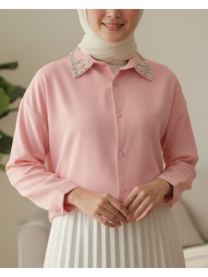 Yakası Taş Detaylı Düğmeli Salaş Gömlek -Pembe