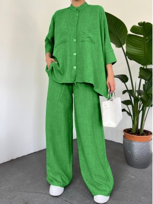 Çift Cepli Yarım Yarasa Kol Salaş Gömlek Takım -Yeşil