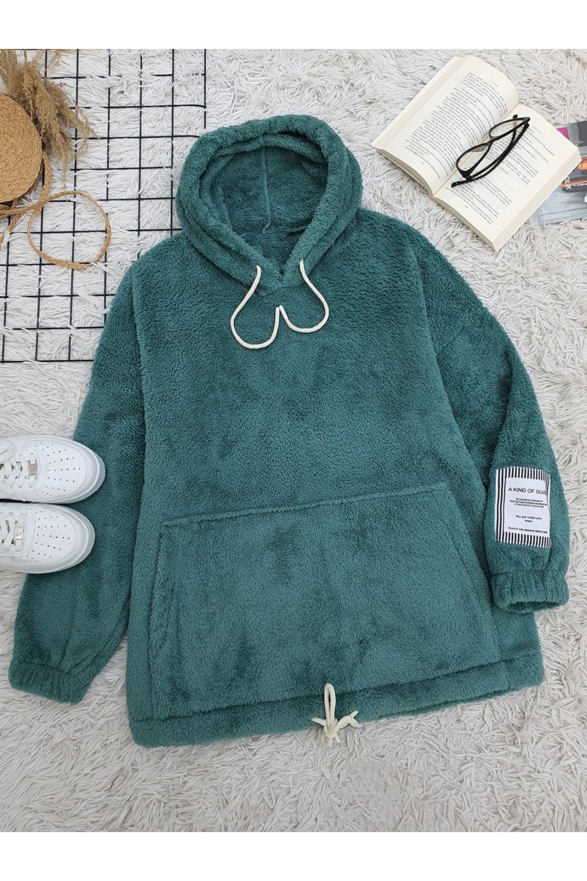 Kanguru Cepli Kapşonlu Bağcıklı Peluş Sweat -Mint