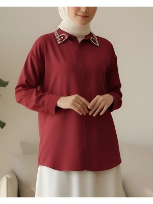 Yakası Taş Detaylı Düğmeli Salaş Gömlek -Bordo