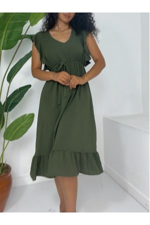 فستان أيروبين متوسط ​​الطول بأكتاف مكشكشة وخصر مطاطي وأكمام صفرية  -خاكي