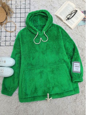 Kanguru Cepli Kapşonlu Bağcıklı Peluş Sweat -Yeşil