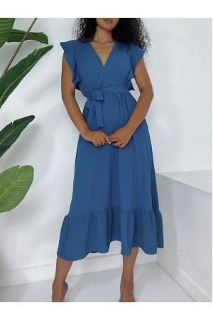 Frilled Shoulders Zero Sleeve Waist Elastic Lace-up Aryrobine Dress -Dark blue