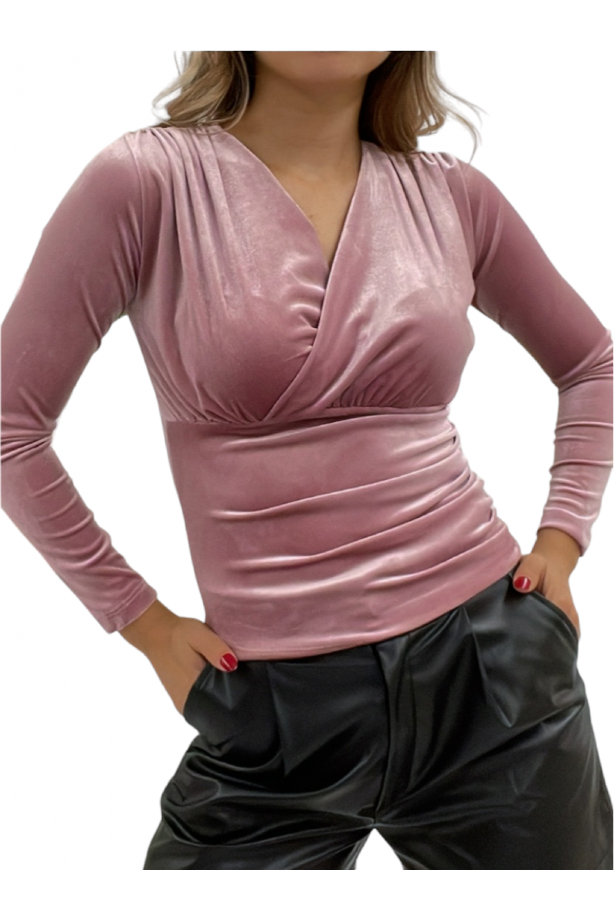 Double Breasted Model Velvet Blouse -Powder
