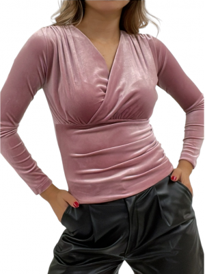 Kruvaze Model Kadife Bluz -Pudra