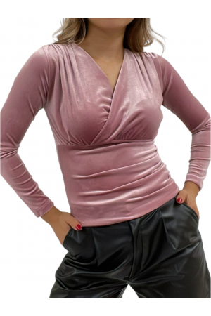 Kruvaze Model Kadife Bluz -Pudra
