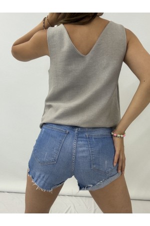V Yaka Sıfır Kol  Keten Bluz    -Gri