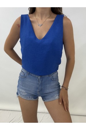 V Yaka Sıfır Kol  Keten Bluz  -Saks