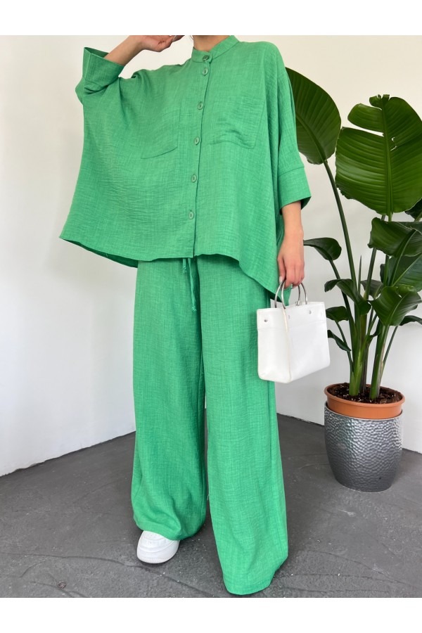 Double Pocket Batwing Sleeve Loose-Fitting Shirt Set -Green