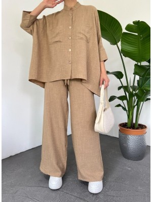 Çift Cepli Yarım Yarasa Kol Salaş Gömlek Takım   -Taba