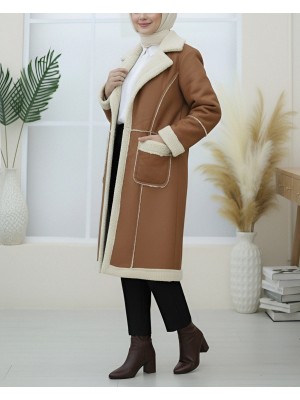 İçi Peluşlu Çıtçıtlı Cepli Deri Mont -Taba