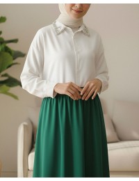 Yakası Taş Detaylı Düğmeli Salaş Gömlek -Beyaz