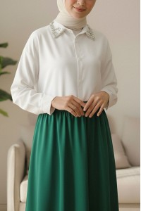 Yakası Taş Detaylı Düğmeli Salaş Gömlek -Beyaz