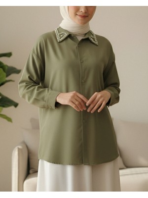 Yakası Taş Detaylı Düğmeli Salaş Gömlek -Haki