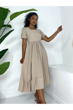 Square Collar Elastic Waist Short Sleeve Ayrobin Dress -Mink color