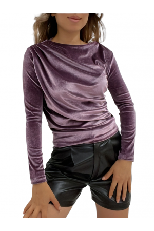 Yanı Büzgülü Omuzu Pileli Kadife Bluz -Mürdüm