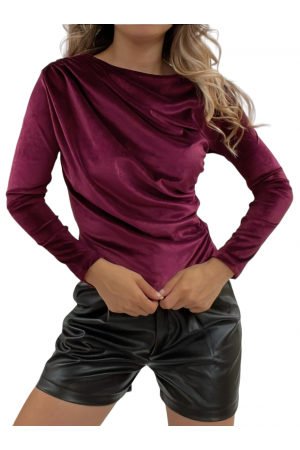 Yanı Büzgülü Omuzu Pileli Kadife Bluz -Bordo