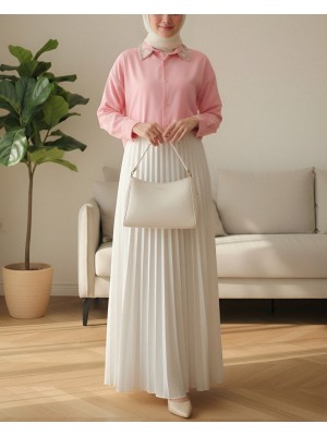 Yakası Taş Detaylı Düğmeli Salaş Gömlek -Pembe